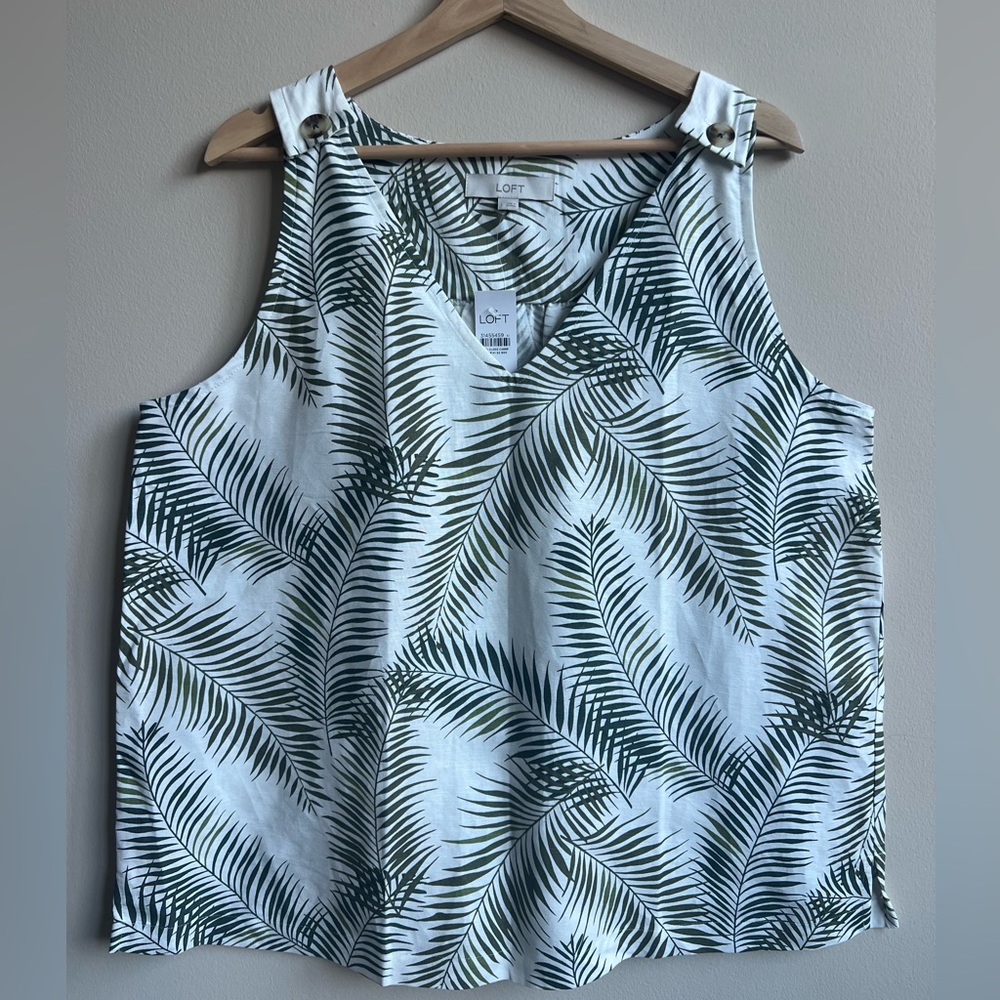 LOFT Linen Blend Palm Leaf Print Loose V-Neck Tank Size L NWT - Picture 1 of 7